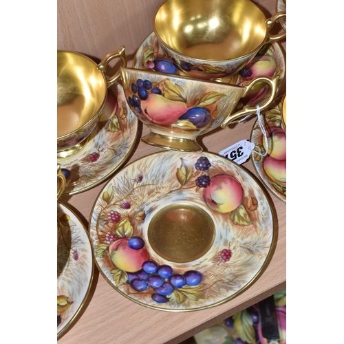 357 - SEVEN AYNSLEY ORCHARD GOLD TEACUPS AND SAUCERS, each teacup with gilt interior, rim, handle and foot... 