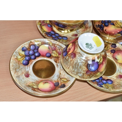 357 - SEVEN AYNSLEY ORCHARD GOLD TEACUPS AND SAUCERS, each teacup with gilt interior, rim, handle and foot... 