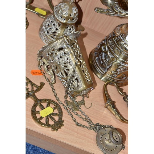 361 - A GROUP OF METALWARE, mainly brass items, to include an Orthodox hanging Byzantine cross with candle... 