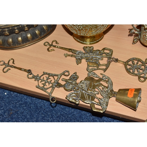 361 - A GROUP OF METALWARE, mainly brass items, to include an Orthodox hanging Byzantine cross with candle... 