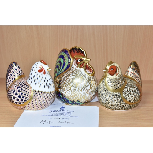 367 - A GROUP OF THREE ROYAL CROWN DERBY PAPERWEIGHTS, comprising of Farmyard Cockerel, limited edition 78... 