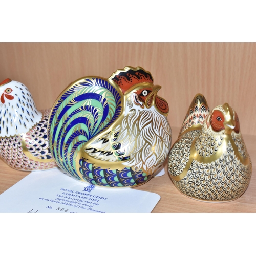 367 - A GROUP OF THREE ROYAL CROWN DERBY PAPERWEIGHTS, comprising of Farmyard Cockerel, limited edition 78... 