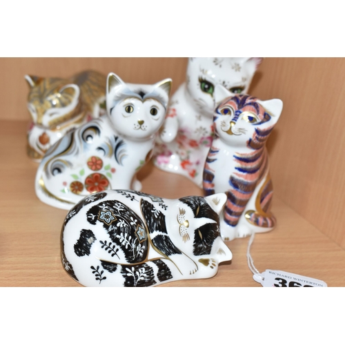 369 - A GROUP OF FIVE ROYAL CROWN DERBY CAT PAPERWEIGHTS, comprising of Misty Kitten an exclusive for coll... 