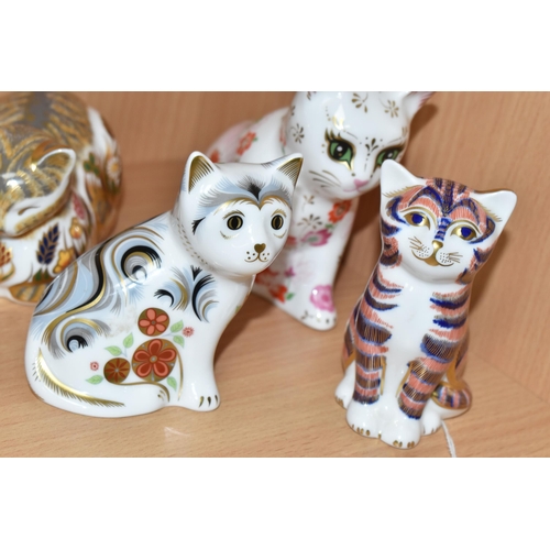 369 - A GROUP OF FIVE ROYAL CROWN DERBY CAT PAPERWEIGHTS, comprising of Misty Kitten an exclusive for coll... 