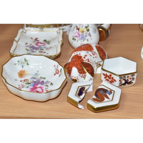 370 - A SMALL GROUP OF ROYAL CROWN DERBY CERAMICS, comprising of Schoolboy Teddy paperweight with gold sto... 