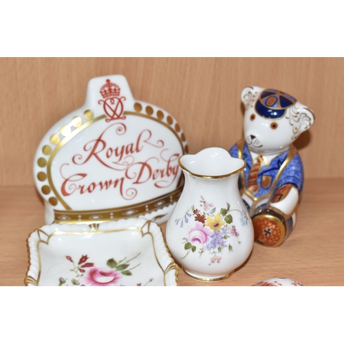 370 - A SMALL GROUP OF ROYAL CROWN DERBY CERAMICS, comprising of Schoolboy Teddy paperweight with gold sto... 