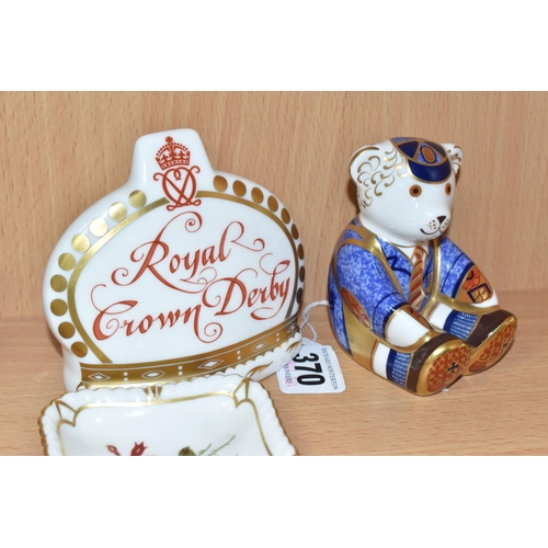 370 - A SMALL GROUP OF ROYAL CROWN DERBY CERAMICS, comprising of Schoolboy Teddy paperweight with gold sto... 