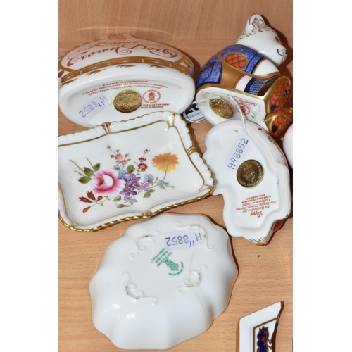 370 - A SMALL GROUP OF ROYAL CROWN DERBY CERAMICS, comprising of Schoolboy Teddy paperweight with gold sto... 