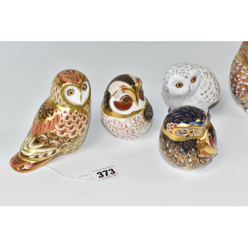 373 - A GROUP OF SIX ROYAL CROWN DERBY PAPERWEIGHTS 'OWLS', comprising of Snowy Owl, exclusive for collect... 