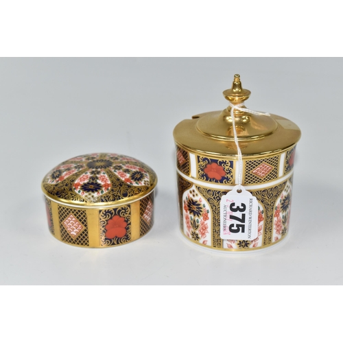 375 - TWO OLD IMARI PIECES PATTERN NO. 1128, comprising of a small round lidded trinket pot, a preserve po... 