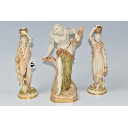 378 - THREE ROYAL WORCESTER FIGURES, comprising of The Bather Surprised, partially clothed female supporte... 