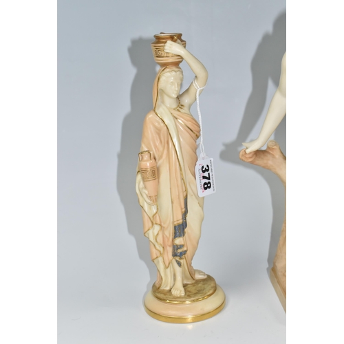 378 - THREE ROYAL WORCESTER FIGURES, comprising of The Bather Surprised, partially clothed female supporte... 