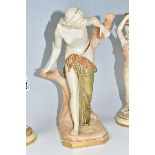 378 - THREE ROYAL WORCESTER FIGURES, comprising of The Bather Surprised, partially clothed female supporte... 