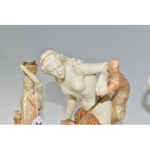 378 - THREE ROYAL WORCESTER FIGURES, comprising of The Bather Surprised, partially clothed female supporte... 