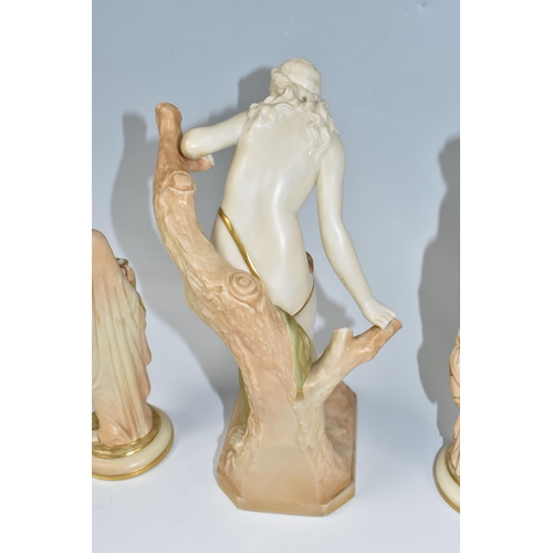 378 - THREE ROYAL WORCESTER FIGURES, comprising of The Bather Surprised, partially clothed female supporte... 