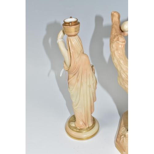 378 - THREE ROYAL WORCESTER FIGURES, comprising of The Bather Surprised, partially clothed female supporte... 