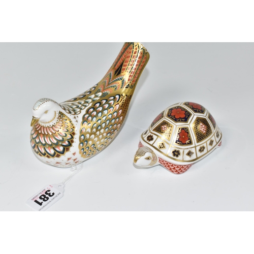 381 - TWO ROYAL CROWN DERBY PAPERWEIGHTS, comprising of  Turtle with gold stopper, Turtle Dove with gold s... 