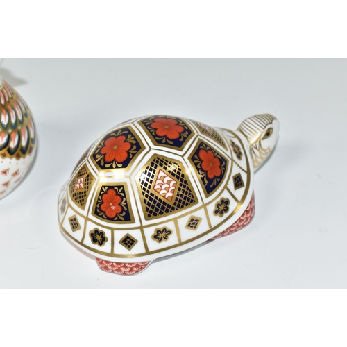 381 - TWO ROYAL CROWN DERBY PAPERWEIGHTS, comprising of  Turtle with gold stopper, Turtle Dove with gold s... 