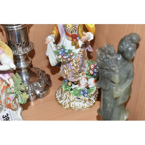 392 - A NEPHRITE FIGURE OF GUANYIN, A PLATED CANDLESTICK, AND TWO CONTINENTAL FIGURES, to include a hand-c... 