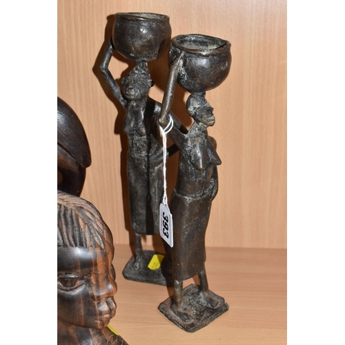 393 - A GROUP OF MOSTLY WEST-AFRICAN VINTAGE DECORATIVE ITEMS to include a pair of bronze Ghanaian made fe... 