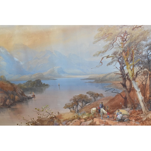 397 - JAMES BURRELL-SMITH (1822-1897) 'AUTUMN - LAKE KATRINE', a Scottish landscape with kilted figures ov... 