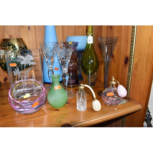 400 - A GROUP OF MIXED MOSTLY COLOURED GLASSWARE to include a pair of crystal cut wine glasses, a blue cas... 