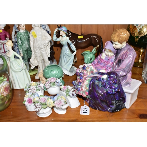 401 - A GROUP OF CERAMIC DECORATIVE ITEMS to include a Royal Doulton 'Flower Sellers Children' figure heig... 