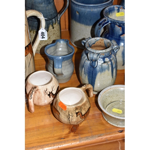 404 - A GROUP OF STUDIO POTTERY to include a 'Lauriana' coffee pot, two mugs by Phillip Laureston with a d... 