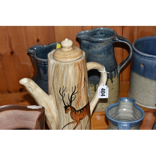 404 - A GROUP OF STUDIO POTTERY to include a 'Lauriana' coffee pot, two mugs by Phillip Laureston with a d... 