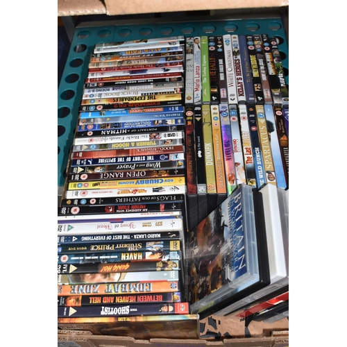 409 - FOUR BOXES OF CDS AND DVDS to include two boxes of approximately fifty DVDS comprising various war, ... 