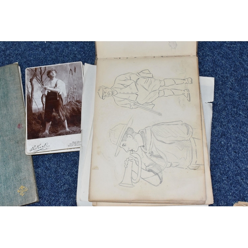 410 - A BOX OF MIXED EPHEMERA comprising a personal sketch book of figures and studies, a collage scrap bo... 