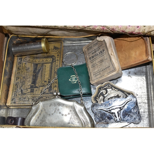 411 - A BOX OF MISCELLANEOUS VINTAGE ITEMS to include two early 20th century Indian embroidered silk wall ... 