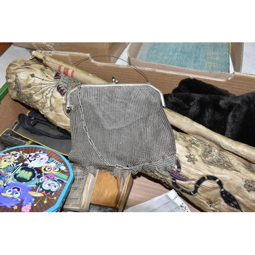 411 - A BOX OF MISCELLANEOUS VINTAGE ITEMS to include two early 20th century Indian embroidered silk wall ... 