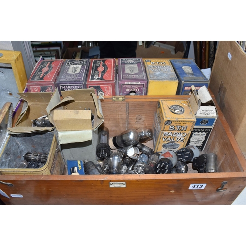 413 - A WOODEN BOX COMPRISING A LARGE QUANTITY OF VINTAGE RADIO VALVES to include approximately fifty radi... 