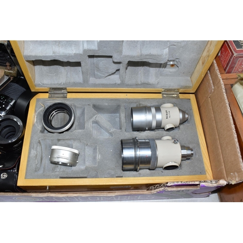 415 - A BOX OF VINTAGE CAMERAS ANS LENSES to include a Hawkette No 2 folding camera, a box to include two ... 