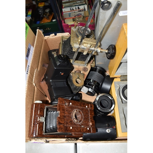 415 - A BOX OF VINTAGE CAMERAS ANS LENSES to include a Hawkette No 2 folding camera, a box to include two ... 