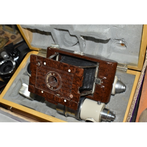 415 - A BOX OF VINTAGE CAMERAS ANS LENSES to include a Hawkette No 2 folding camera, a box to include two ... 