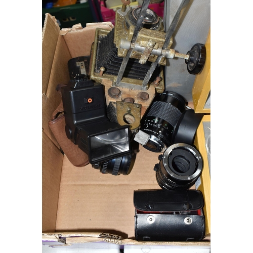 415 - A BOX OF VINTAGE CAMERAS ANS LENSES to include a Hawkette No 2 folding camera, a box to include two ... 