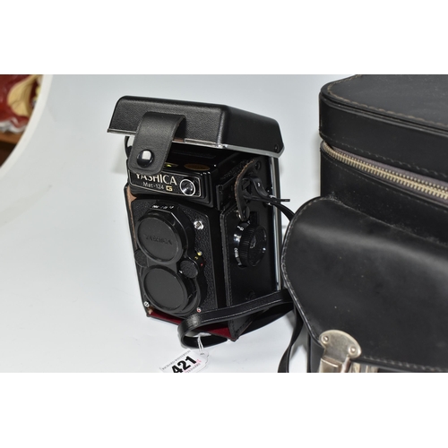 421 - A YASHICA MAT-124 G CAMERA AND CARRY BAD mounted within its case fitted with a Yashinon 1:35 f=80mm ... 