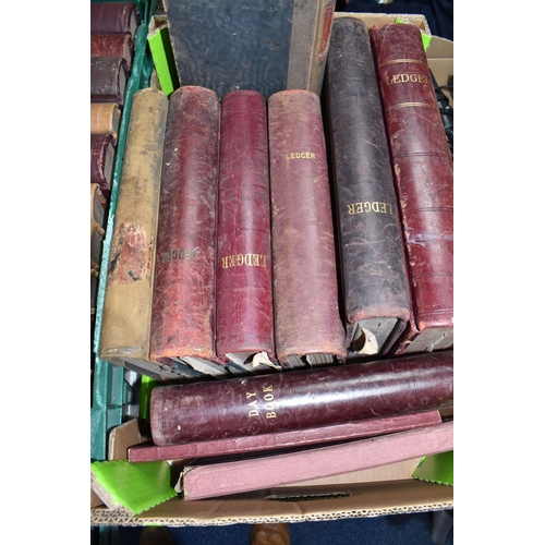 422 - TWO BOXES OF LEDGER / DAY BOOKS containing  twenty-three completed volumes in leather and cloth boar... 