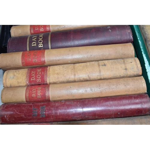 422 - TWO BOXES OF LEDGER / DAY BOOKS containing  twenty-three completed volumes in leather and cloth boar... 