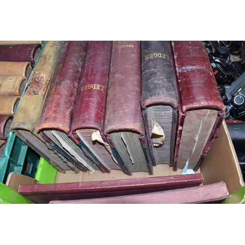 422 - TWO BOXES OF LEDGER / DAY BOOKS containing  twenty-three completed volumes in leather and cloth boar... 