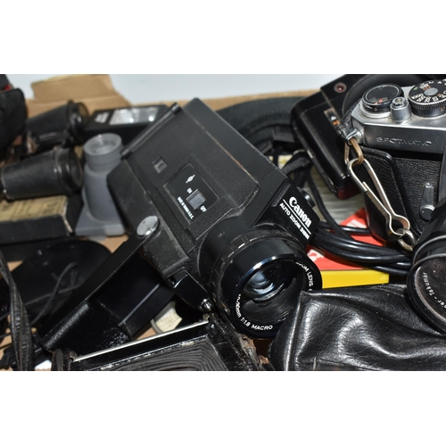 423 - ONE BOX AND LOOSE VINTAGE CAMERAS to include a Zenit-E camera fitted with a Helios-44 lens, a Canon ... 