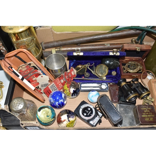 432 - A BOX OF METALWARE AND SUNDRY ITEMS, to include a brass E. Thomas & Williams Ltd Aberdale miner's la... 