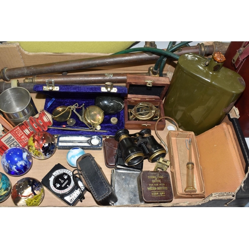 432 - A BOX OF METALWARE AND SUNDRY ITEMS, to include a brass E. Thomas & Williams Ltd Aberdale miner's la... 