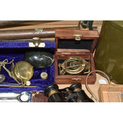 432 - A BOX OF METALWARE AND SUNDRY ITEMS, to include a brass E. Thomas & Williams Ltd Aberdale miner's la... 