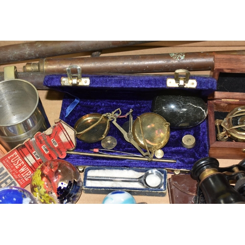 432 - A BOX OF METALWARE AND SUNDRY ITEMS, to include a brass E. Thomas & Williams Ltd Aberdale miner's la... 