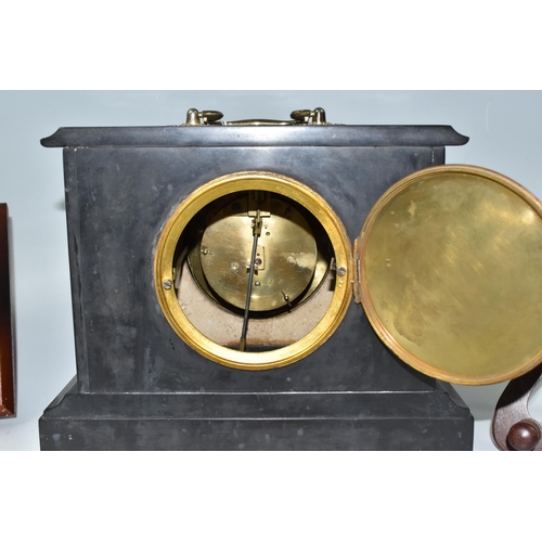 434 - TWO CLOCKS AND A BAROMETER, comprising a nineteenth century black slate and marble cased mantel cloc... 