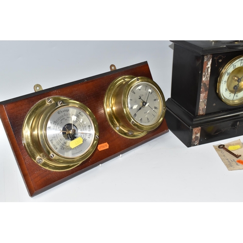 434 - TWO CLOCKS AND A BAROMETER, comprising a nineteenth century black slate and marble cased mantel cloc... 