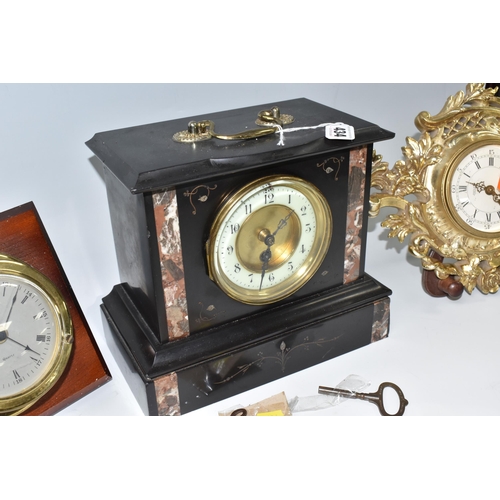 434 - TWO CLOCKS AND A BAROMETER, comprising a nineteenth century black slate and marble cased mantel cloc... 